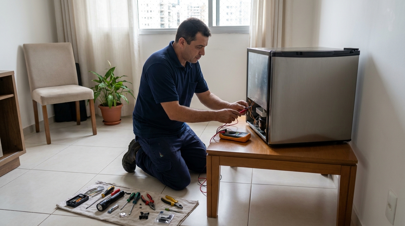 Técnico realizando manutenção de motor de frigobar em Curitiba‑PR