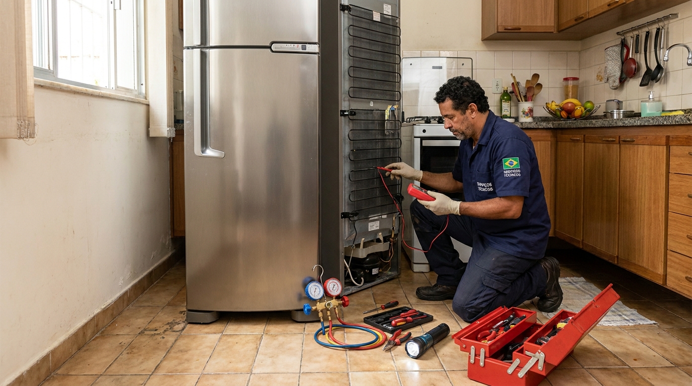 Técnico realizando manutenção de motor de geladeira em Curitiba‑PR