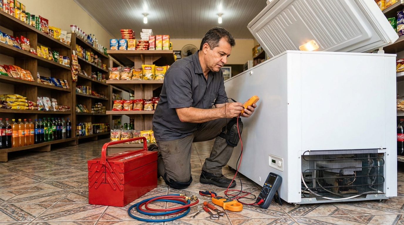 Recarga de gás refrigerante em freezer em atendimento em Curitiba‑PR